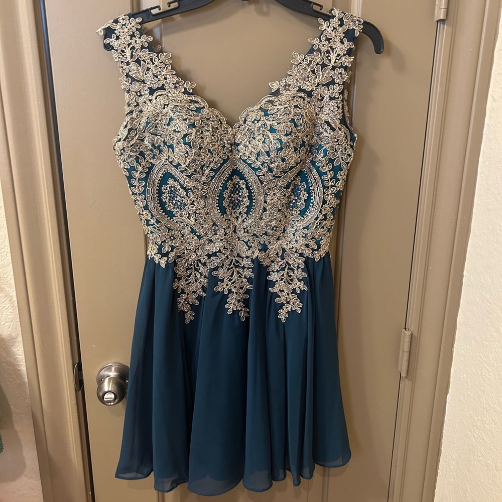 Elegant Teal and Gold Embroidered Dress